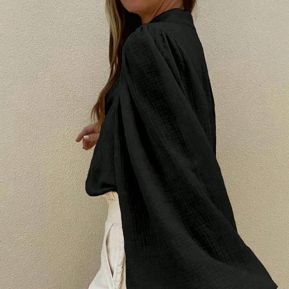 Black Casual Women's Plain Button Up Half Placket Lantern Sleeve Blouse